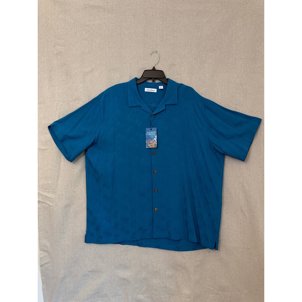 Caribbean Mens XXL Teal Blue Palm Tree Jacquard Camp Shirt Aquatic Depths NWT